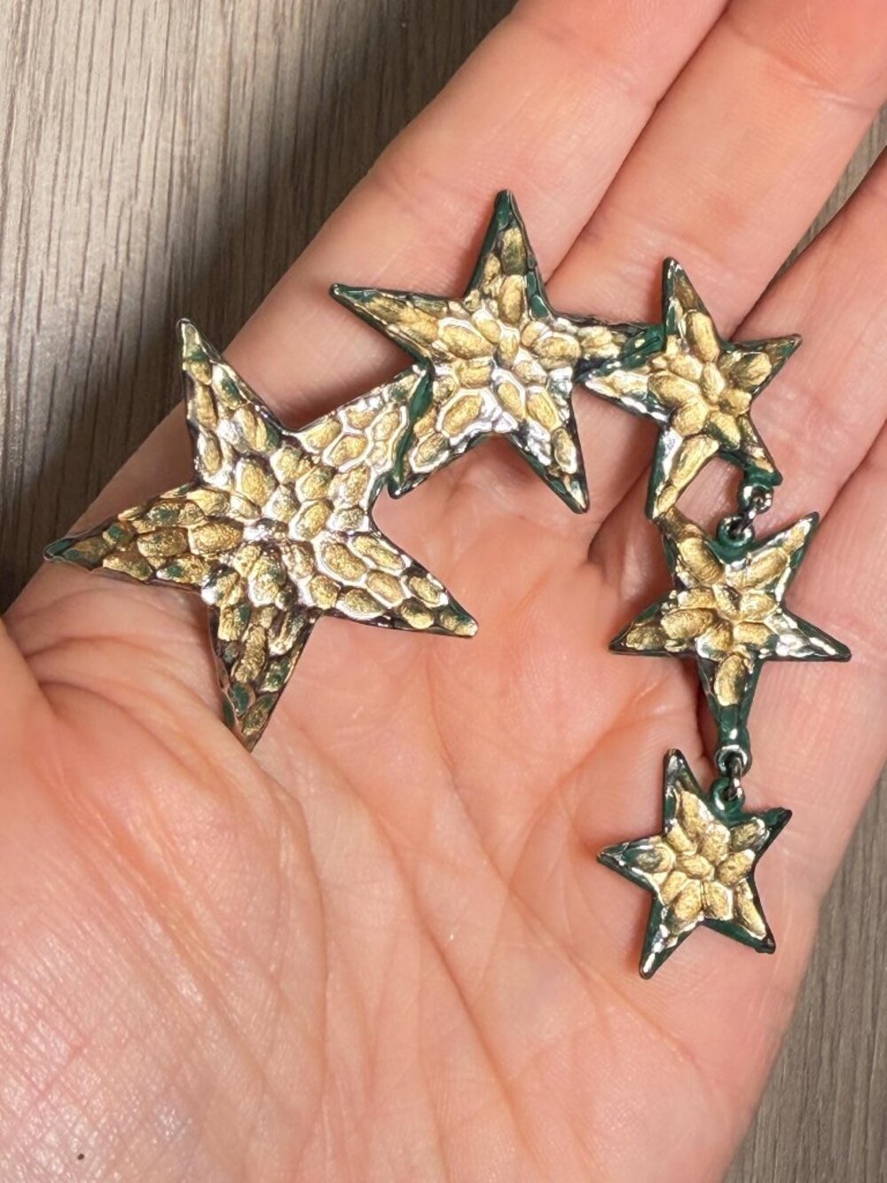 UltraCraft Vintage Star Brooch Upcycled Painted Dangle Stars Statement 3"